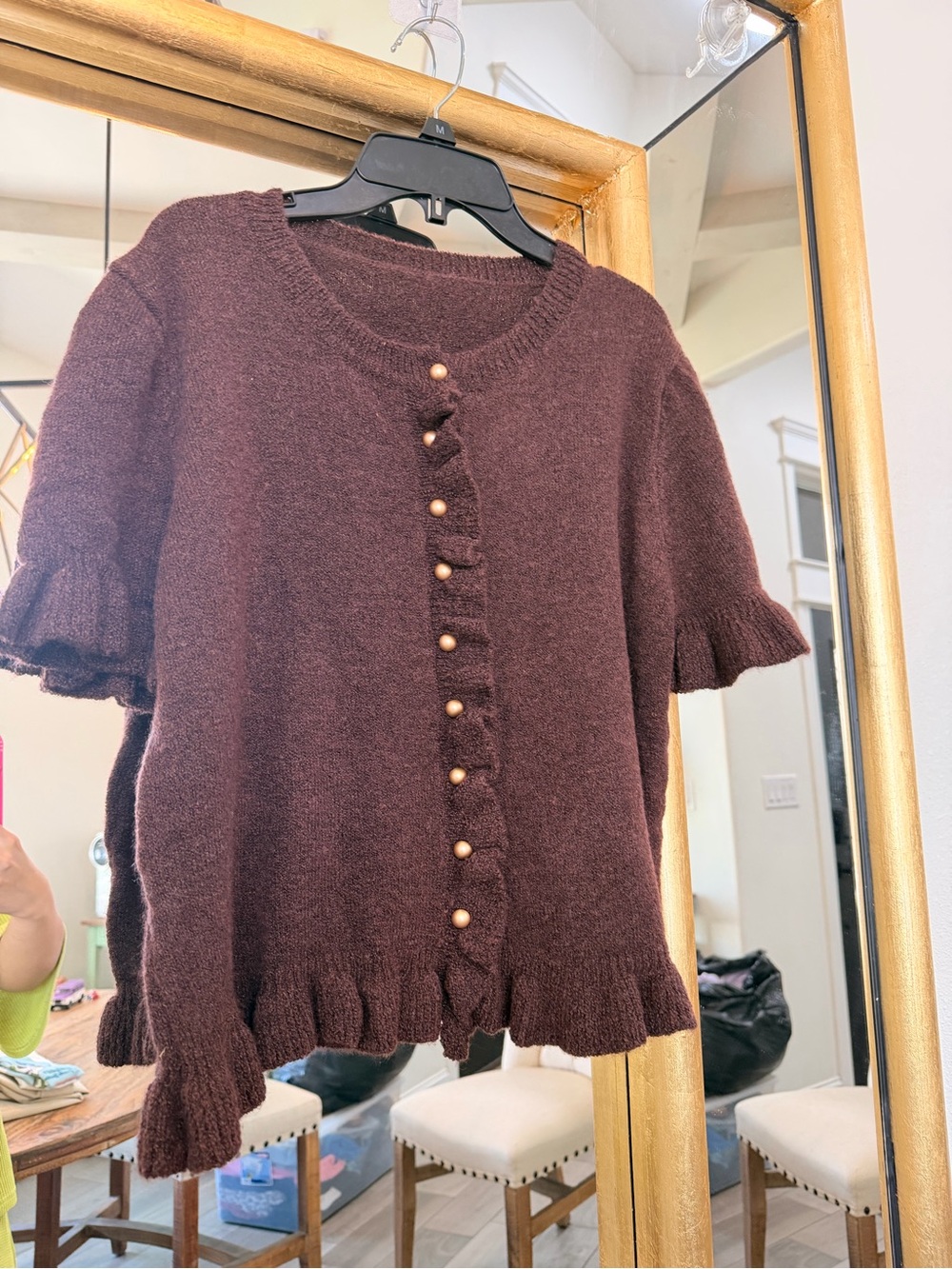 Brown Ruffle Button Knit Cardigan - Picture 3 of 5